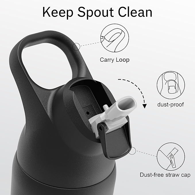 Insulated Water Bottle with Straw - Encool Stainless Steel Water Bottle, Reusable Leakproof and BPA-Free for Sports, Travel, Cold for 24 Hours, 32 oz, Black Night