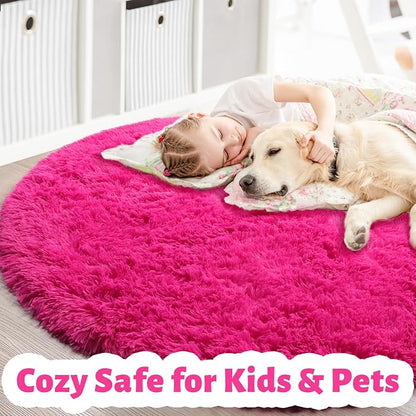 Amdrebio Hot Pink Fluffy Round Rug 4Ft - Image 2
