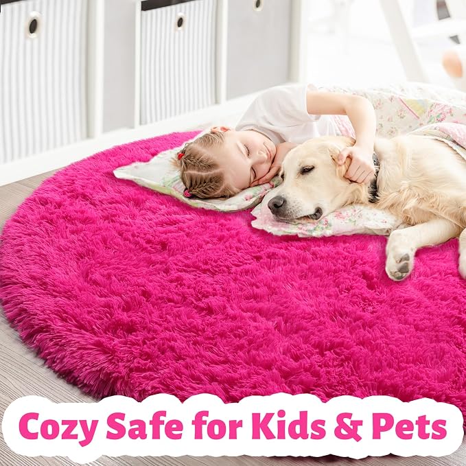 Amdrebio Hot Pink Fluffy Large Round Rug 6Ft - Image 4