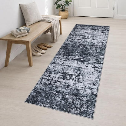 2.6x10 Washable Runner Rug:Modern Abstract Indoor Carpet Black | - Image 3