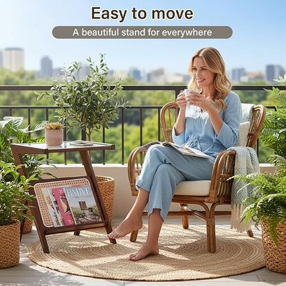 Tiita Rattan Nightstand Side Table, Bamboo Accent Bedside Tables, Glass Coffee - Image 6