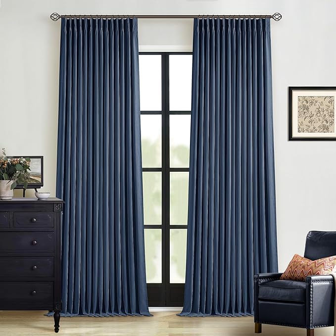 Dark Blue Linen 100% Blackout 120 Inch Curtains by Twodrapes