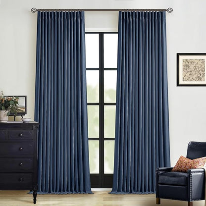 Dark Blue Linen 100% Blackout 120 Inch Curtains by Twodrapes