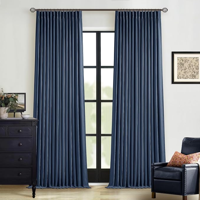 Dark Blue Pinch Pleated 100% Blackout Linen Bedroom Curtains 96 Inch Length | by Twodrapes