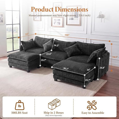 Vesgantti 109" U Shaped Cloud Sectional Sofa, Comfy Corduroy Upholstered - Image 2