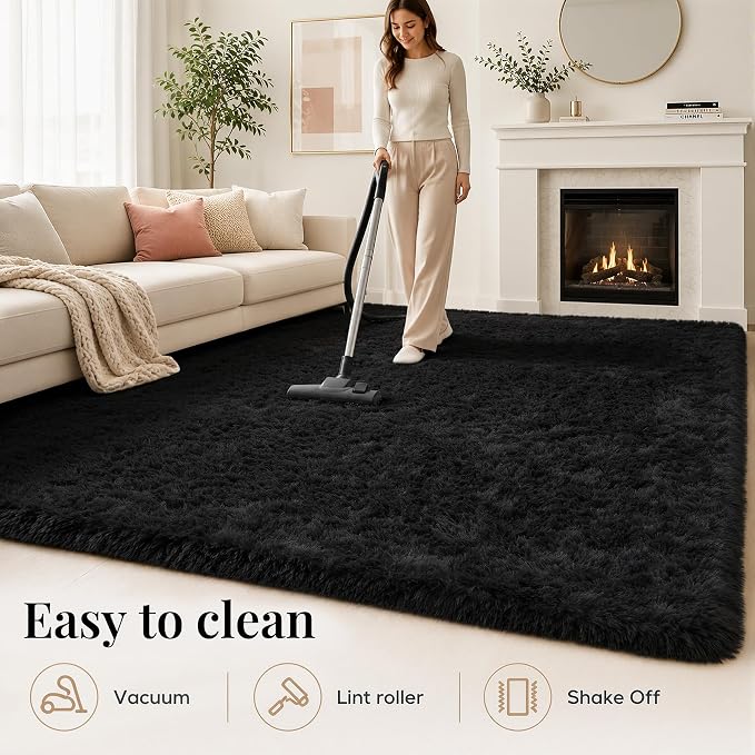 PLHXFR 5x7 Area Rugs Living Room: Fluffy Bedroom Rug Shag Carpet Black | - Image 8