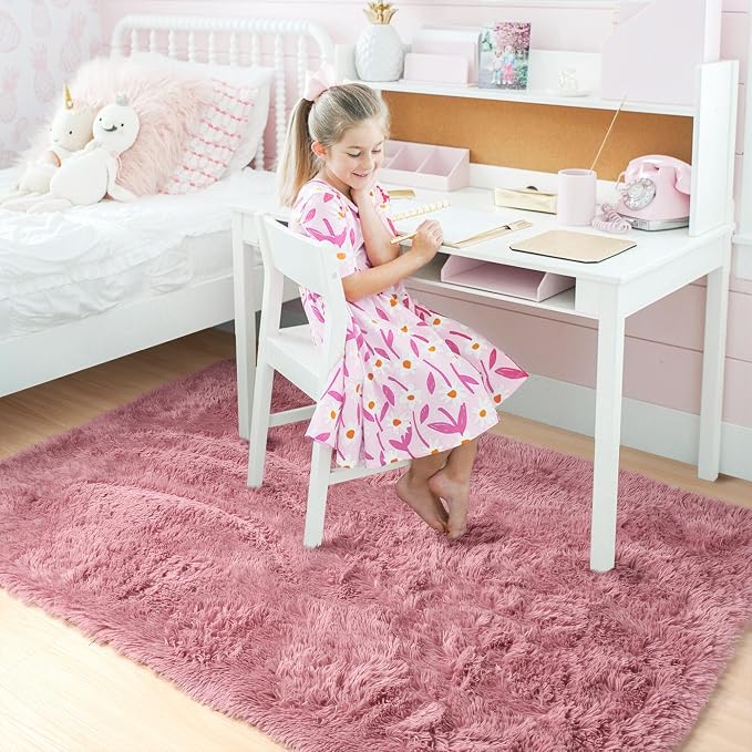 Amdrebio Blush Pink Furry Shag Area Rug 4x6 - Image 3