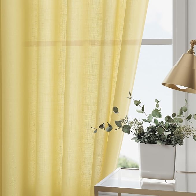 Yellow Linen Semi Sheer Curtains 108 Inches Long 2 Panels Set Back Tab Loop - Image 2