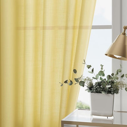 Yellow Linen Semi Sheer Curtains 120 Inches Long 2 Panels Set Back Tab Loop - Image 2