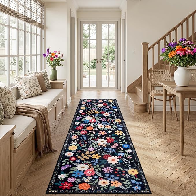 PLHXFR 2.6x10 Washable Runner Rug：Floral Indoor Kitchen Soft Carpet Black | - Image 3