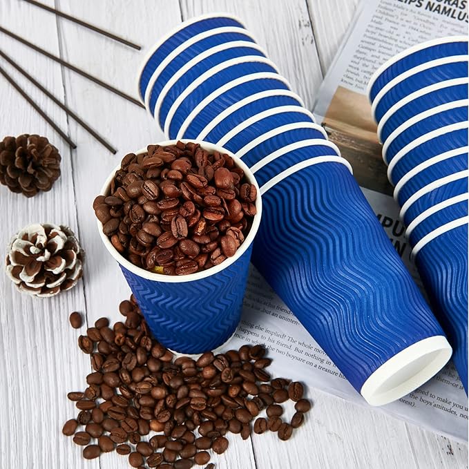 JollyPack Paper Coffee Cups, 16 oz, Blue, 60 Pack, Heat Resistant, Disposable, Ripple Wall, for Coffee, Tea, Hot Chocolate