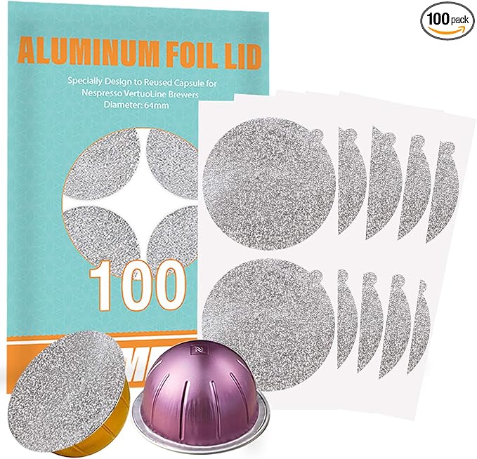 CAPMESSO Aluminum Foils Lids to Reuse Vertuoline Capsules Coffee Pods Compatible with Nespresso VertuoLine Machine 64mm(100/package)