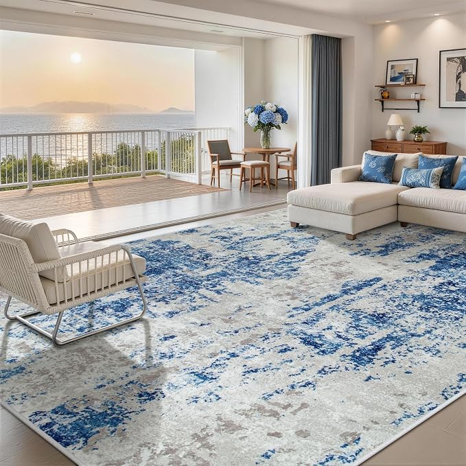 10x14 Area Rugs for Living Room Washable Dining Room Blue Grey White | Modern - Image 8