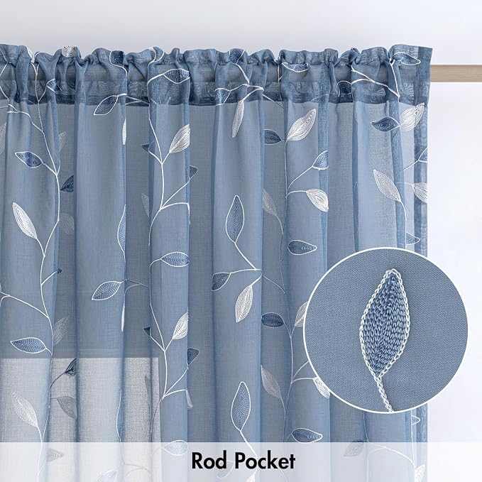 MIULEE Dusty Blue Sheer Curtains 2 Panels Leaf Patterned, W52 x L63 | - Image 6