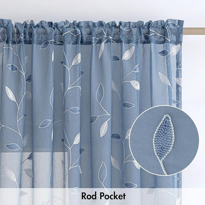 MIULEE Dusty Blue Sheer Curtains 2 Panels Leaf Patterned, W52 x L63 | - Image 6