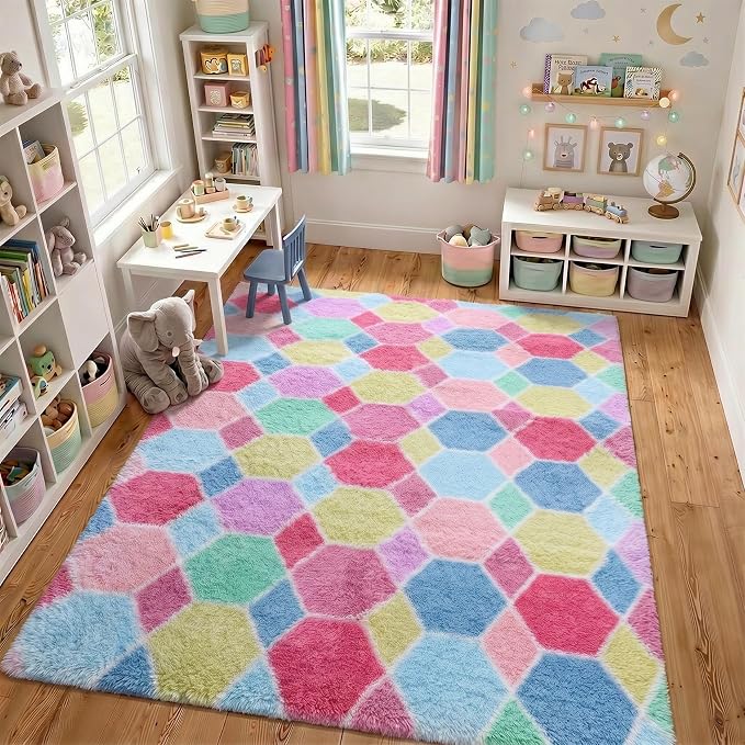 Checkered 8x10 Area Rugs for Living Room, Fluffy Pink Rainbow Girls Rug | Soft - Image 8