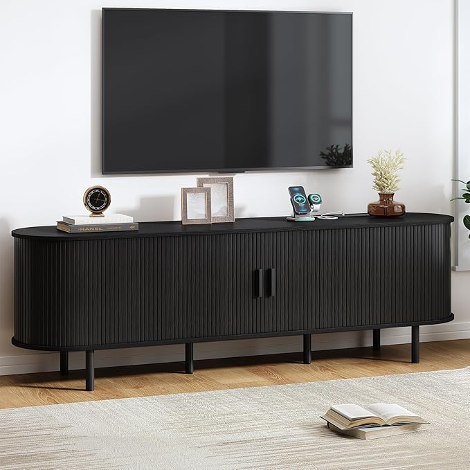 70.8" TV Stand with Power Outlet, Mid-Century Modern Television Stand, Fluted by ComfyCorner