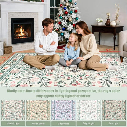 PLHXFR Area Rug 9x12 Living Room: Floral Washable Boho Carpet Green Beige | - Image 8