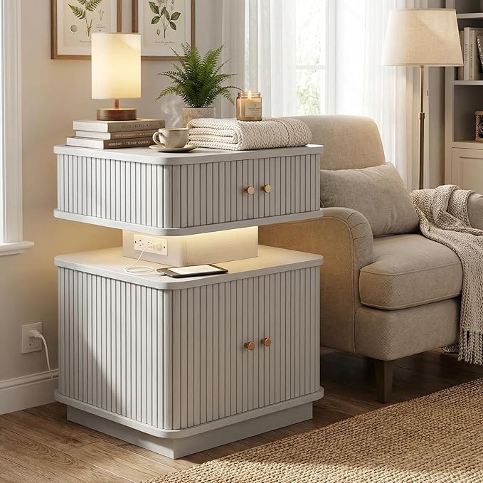 Nightstand with Charging Station, Modern Night Stand with Smart Led Light and 2 - Image 8