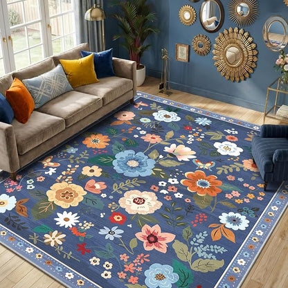 RELEANY Floral Washable 9x12 Area Rugs Blue/Grey | Flower Carpet Print Boho by RELEANY