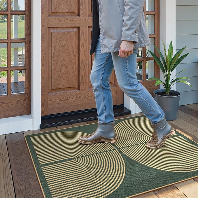 Lahome Modern Rainbow Green Entryway Rug, 3x5 Washable Outdoor Porch Rug | Non - Image 2