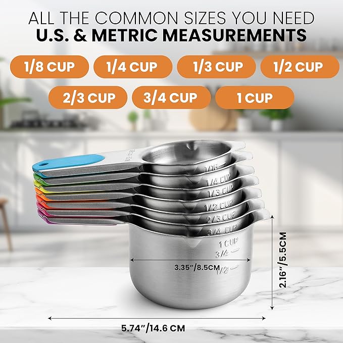 Spring Chef Magnetic Stainless Steel Measuring Cups (Patent Pending), Kitchen Tools with Easy to Read Markings for Measuring Dry or Liquid Ingredients, Set of 7, Neon