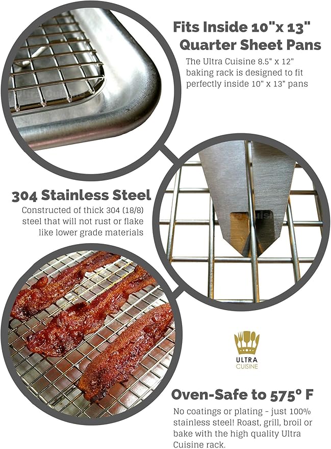 Ultra Cuisine Heavy Duty 100% Stainless Steel Cooling Rack for Cooking and Baking - Baking Rack & Wire Cooling Rack - Fits Quarter and Jelly Roll Sheet Pans - 8.5''x 12''' and 10''x14.75''