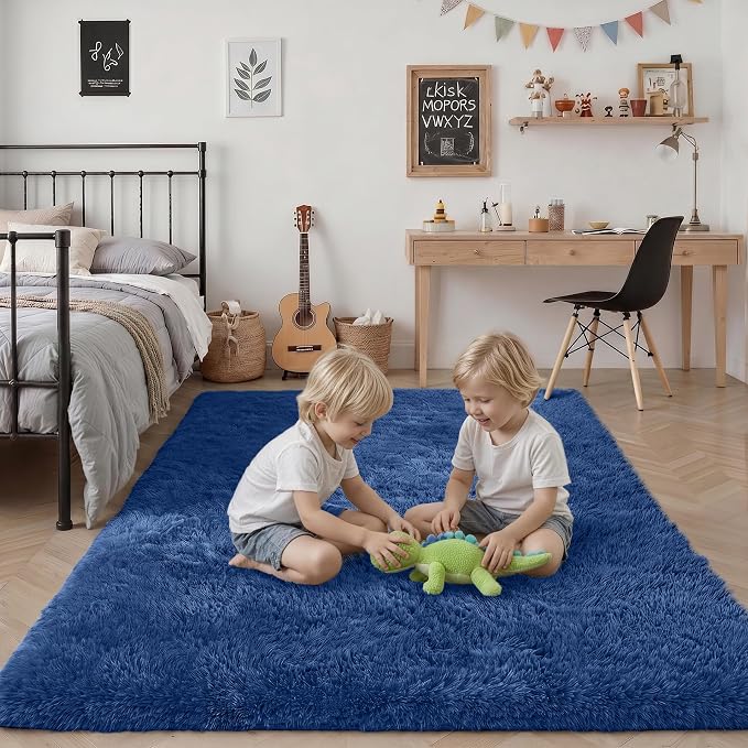 Area Rug Living Room Bedroom: 6x9 Fluffy Plush Shag Carpet Blue | - Image 7