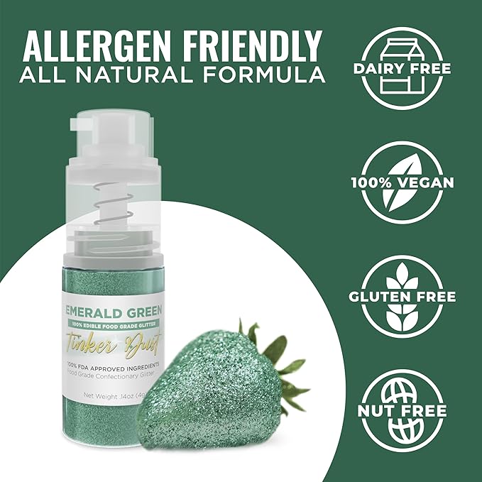 Bakell - Emerald Green Tinker Dust (4g, 1x Mini Spray Pump) Edible Glitter for Food, Desserts, and Beverages!