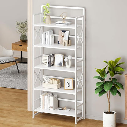 No Assembly Folding Bookshelf, 5 Tiers Vintage Wood Collapsible Book Shelf - Image 2