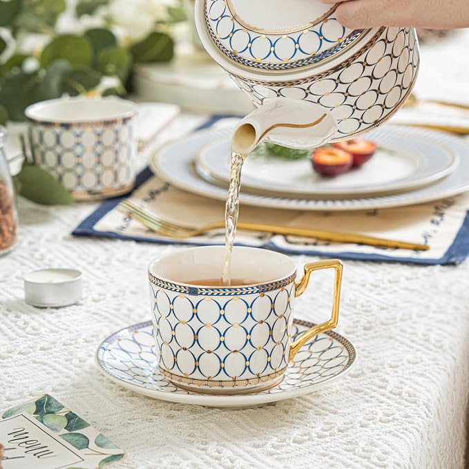 CwlwGO- Bone China Tea Cup Sets,15-Pieces Tea Cup and Saucer Set Service For 4 Whit 28 Ounces Teapot,Sugar Bowl,Creamer Pitcher and Spoons, Tea Gifts Sets For Women Patry.