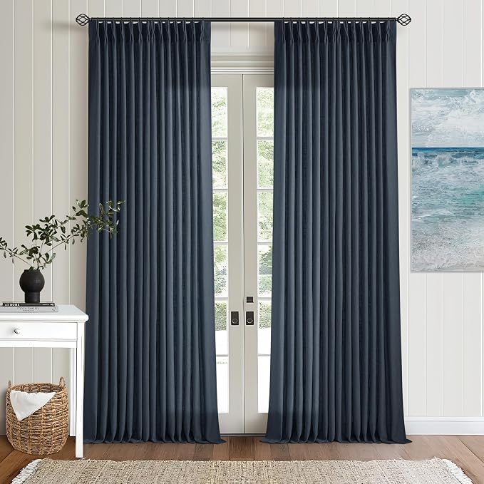 Navy 90 Inch Linen Semi Sheer Curtains Pinch Pleated 2 Panels | Light Filtering by Twodrapes