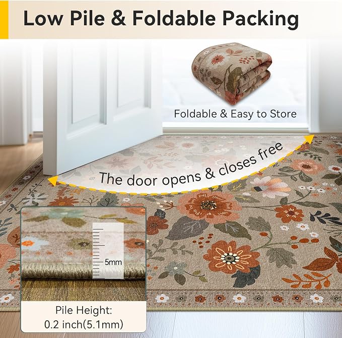 RELEANY Floral Washable 3x5 Area Rugs Brown/Brick | Flower Carpet Print Boho - Image 4