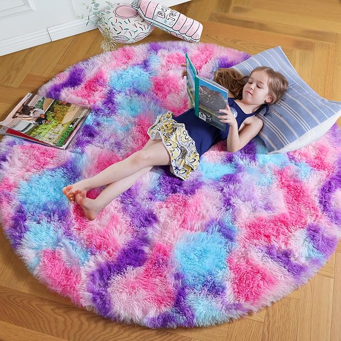 Amdrebio Pink Blue Purple Fluffy Large Round Rug 6Ft - Image 7