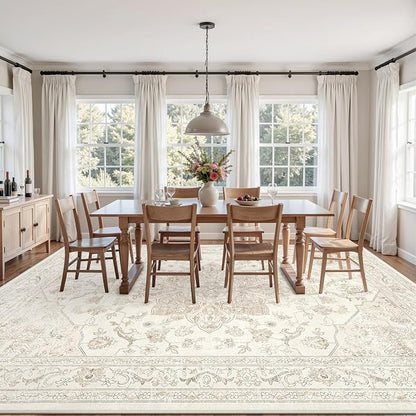 10x14 Area Rugs Living Room: Bedroom Washable Carpet Beige White | Vintage Boho - Image 3