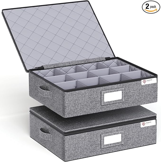 YearningHome Cup and Mug Storage Box with Hard Shell and Dividers for Coffee Mugs,Tea Cups and Glasses,Stackable Storage Organizers with Lid,Handles,Zips and Lable for Moving,Holds 12,2 Pack, Grey