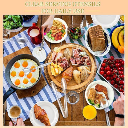 Dualshine 24 Pcs Disposable Clear Plastic Serving Utensils, 8 Set Including Plastic Serving Spoons, Tongs, and Forks for Dinner Parties, Buffets, Banquets, Events, Weddings, and Daily Use