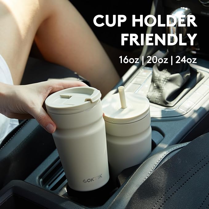 COKTIK 24oz Insulated Tumbler with Lid and Straw 2 Lids (Straw/Flip) Iced Coffee Cup Reusable Stainless Steel Travel Mug Water Bottle Cupholder Friendly for Women Men Her Him (Bay Leaf)