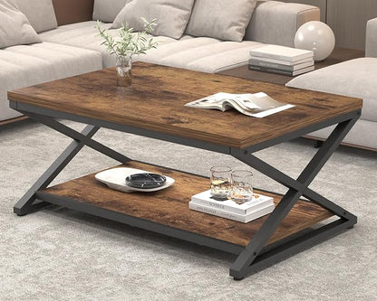 HSH Wood Coffee Table with Storage, Farmhouse Rustic Brown Coffee Table - Image 9