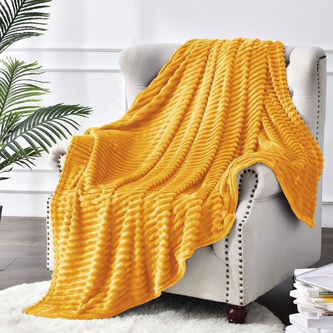 BEDELITE Ribbed Mustard Yellow Fleece Throw Blanket - Image 8