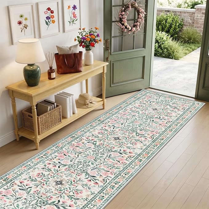 PLHXFR 3x10 Washable Runner Rug：Floral Indoor Kitchen Carpet Green Beige | - Image 2