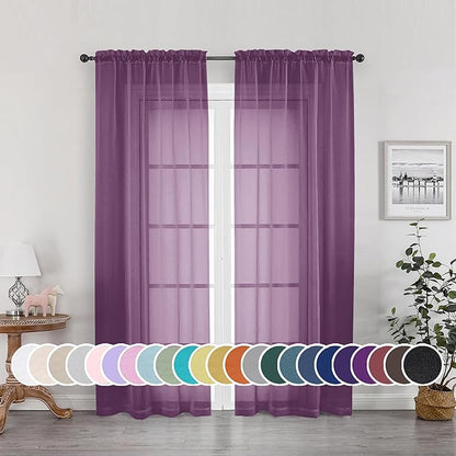 Sheer Curtains 72 Inches Long 2 Panels Set, Transparent Light Filtering Plum by OWENIE