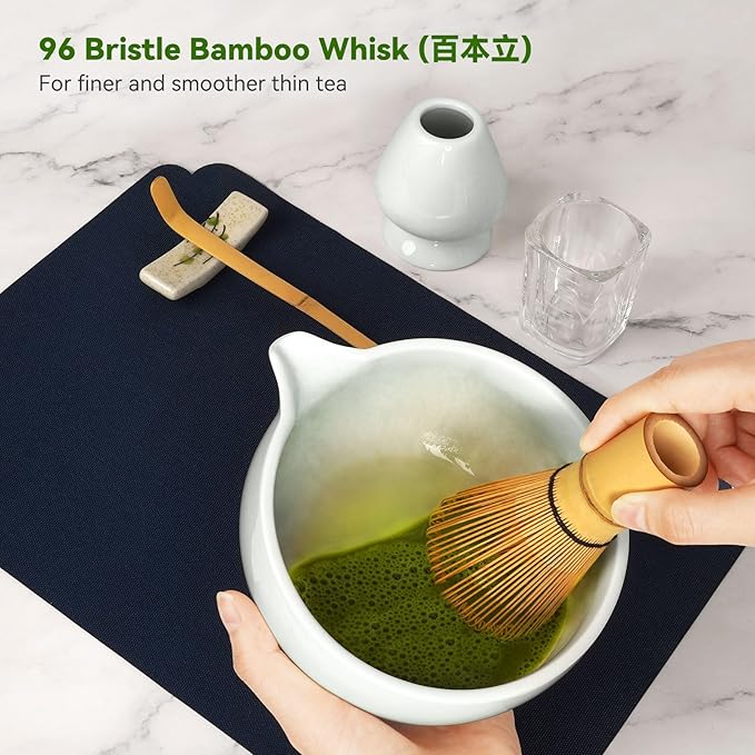 Matcha Tea Set 10-Pcs Kit, Whisk and Bowl with Spout & Measuring Spoon, Japanese Tea Making Tools, Grey
