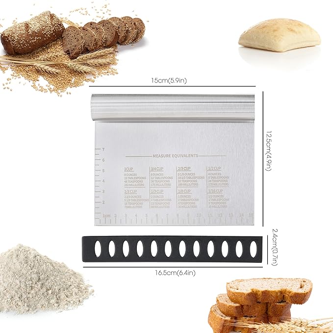 2PCS Dough Pastry Bench Cutter Scraper, OLULU Stainless Steel Kitchen Food Scraper with Protective Cover, Anti-Wear Laser-Engraved Measuring Scale and Ear Of Wheat, Dishwasher Safe (2Pack, 6 inch)