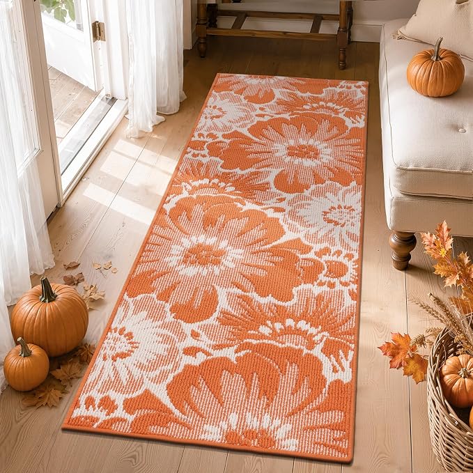 Findosom Fall Runner Rug 2x6, Non Slip High-Low Textured Floral Washable Runner by Findosom