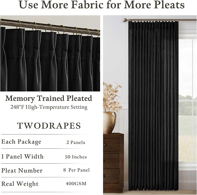 Black 90 Inches Pleated Linen Semi Sheer Memory Trained Curtains - Image 4