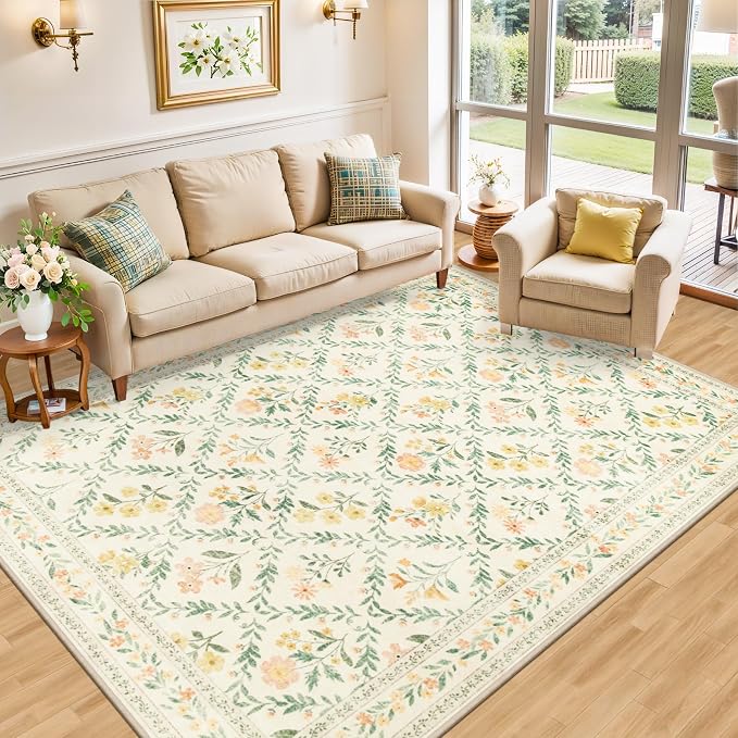 PLHXFR Area Rug 10x12 Living Room: Floral Washable Boho Carpet Beige Multi | - Image 2