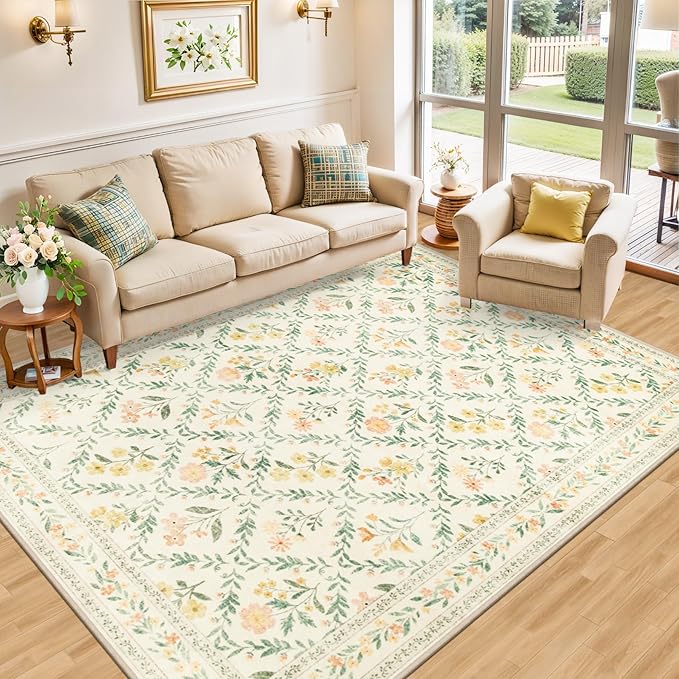 PLHXFR Area Rug Living Room: 5x7 Floral Washable Boho Carpet Beige Multi | - Image 2