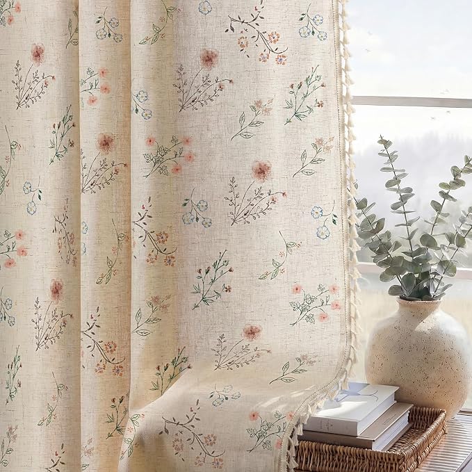 Boho Floral Light Filtering Curtains 90 Inch 2 Panels Linen Texture | Farmhouse - Image 5