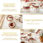 DUJUST 22 pcs Royal Vintage Porcelain Tea Set for 6, Luxury British Tea Sets for Adults with Red Patterns & Golden Trim, Beautiful Floral Tea/Coffee Cup Set, Gift Package - Royal Treat for You